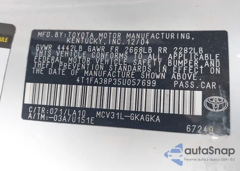 2005 Toyota Camry Solara Sle z USA, uszkodzony, nr VIN 4T1FA38P35U057699